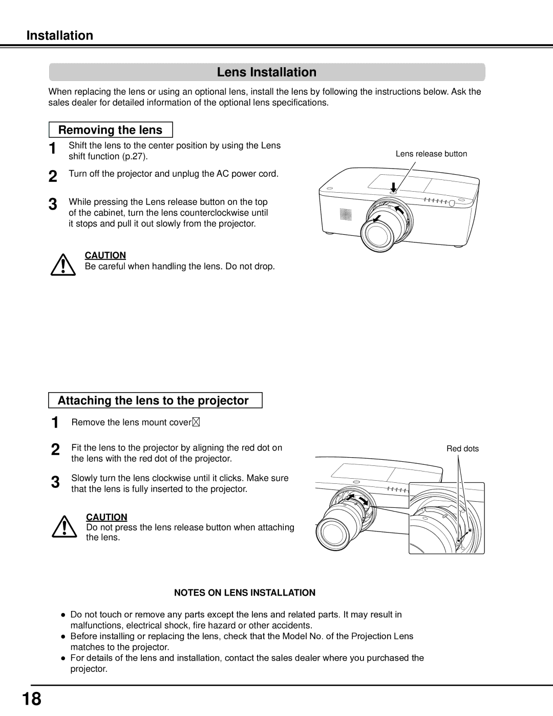 Sanyo WM5500L, PLC-WM5500 owner manual Installation Lens Installation, Removing the lens 