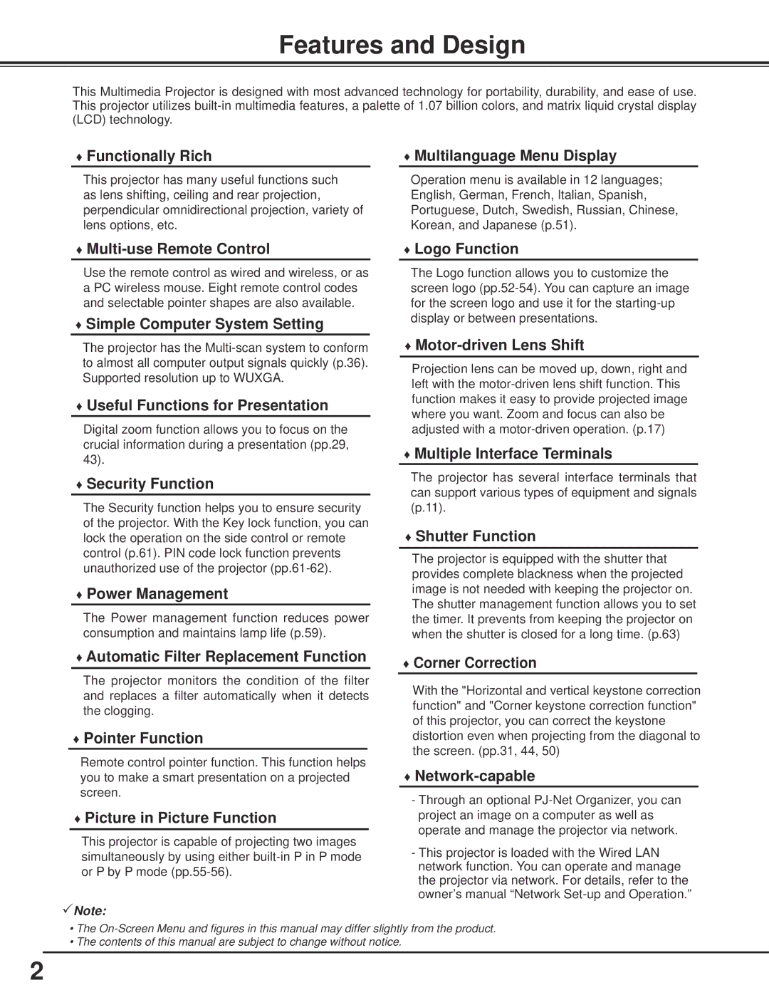 Sanyo WM5500L, PLC-WM5500 owner manual Features and Design, Functionally Rich Multilanguage Menu Display 