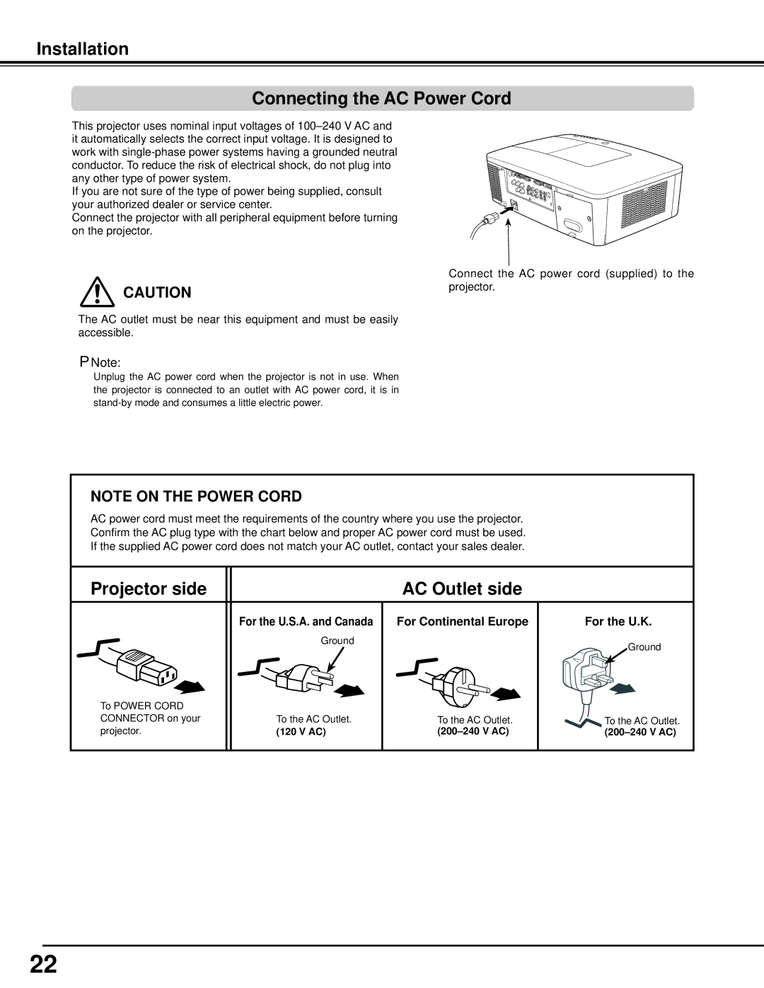 Sanyo WM5500L, PLC-WM5500 owner manual Installation Connecting the AC Power Cord, Projector side, For the U..K 