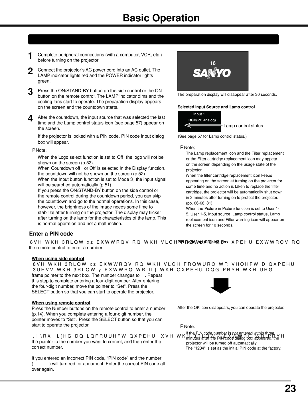 Sanyo PLC-WM5500, WM5500L owner manual Basic Operation, Turning On the Projector, Enter a PIN code, When using side control 