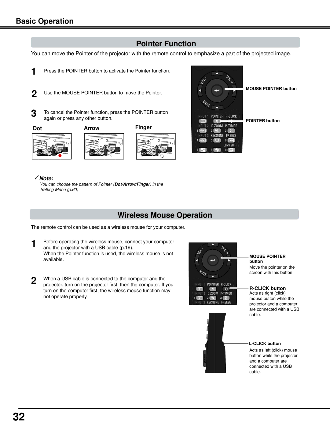 Sanyo WM5500L, PLC-WM5500 Basic Operation Pointer Function, Wireless Mouse Operation, Dot Arrow Finger, Click button 