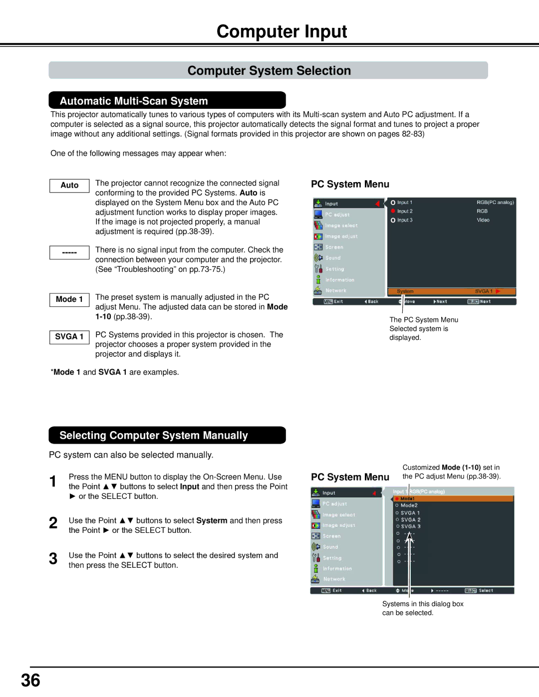 Sanyo WM5500L Computer Input, Computer System Selection, Automatic Multi-Scan System, Selecting Computer System Manually 