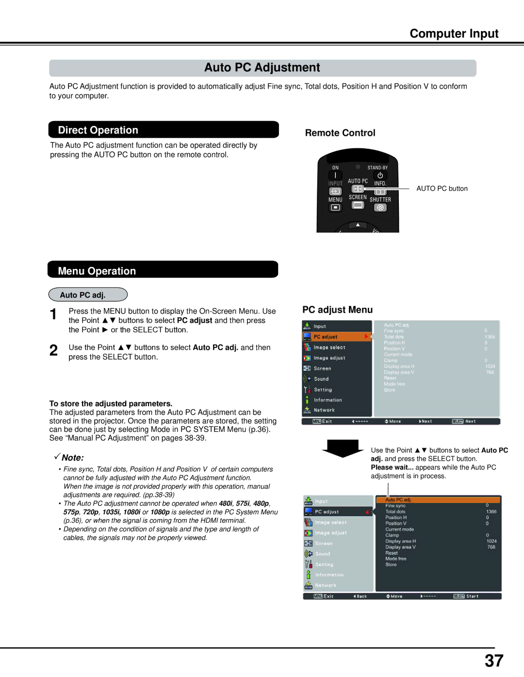 Sanyo PLC-WM5500, WM5500L Computer Input Auto PC Adjustment, PC adjust Menu, Auto PC adj, To store the adjusted parameters 