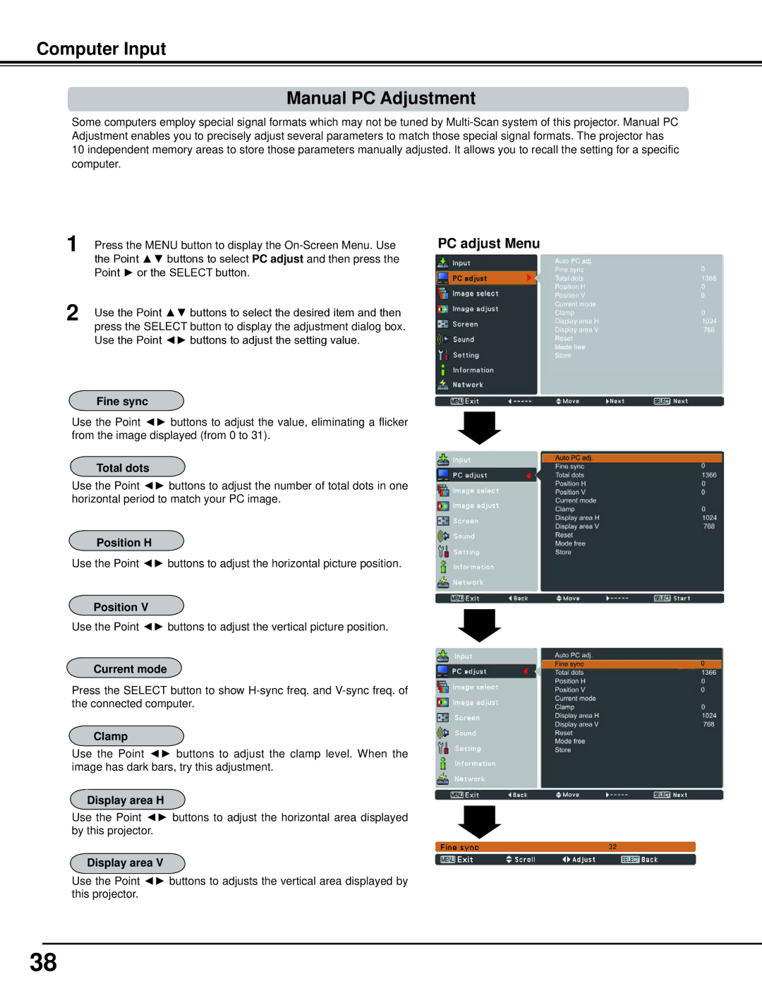 Sanyo WM5500L, PLC-WM5500 owner manual Computer Input Manual PC Adjustment 