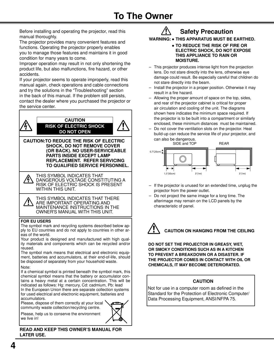 Sanyo WM5500L, PLC-WM5500 owner manual To The Owner, Safety Precaution 