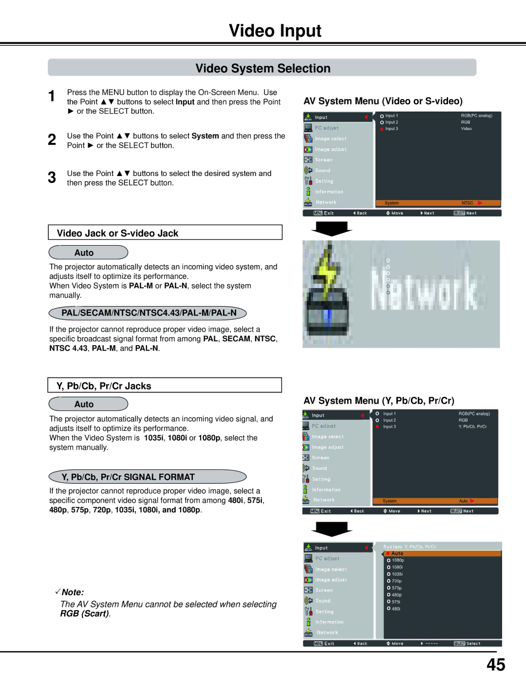 Sanyo PLC-WM5500, WM5500L owner manual Video Input, Video System Selection, Video Jack or S-video Jack, Pb/Cb, Pr/Cr Jacks 