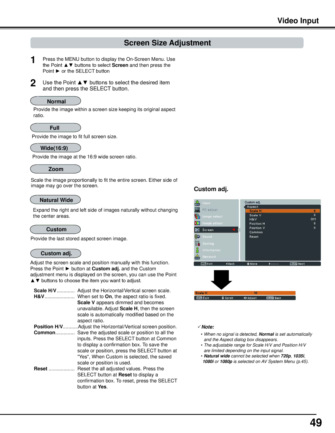 Sanyo PLC-WM5500, WM5500L owner manual Video Input Screen Size Adjustment, Custom adj, Wide169, Natural Wide 