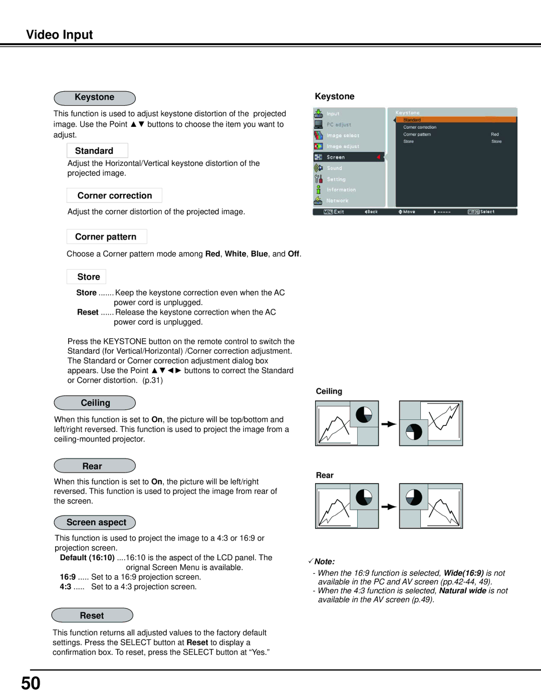 Sanyo WM5500L, PLC-WM5500 owner manual Keystone, Ceiling 