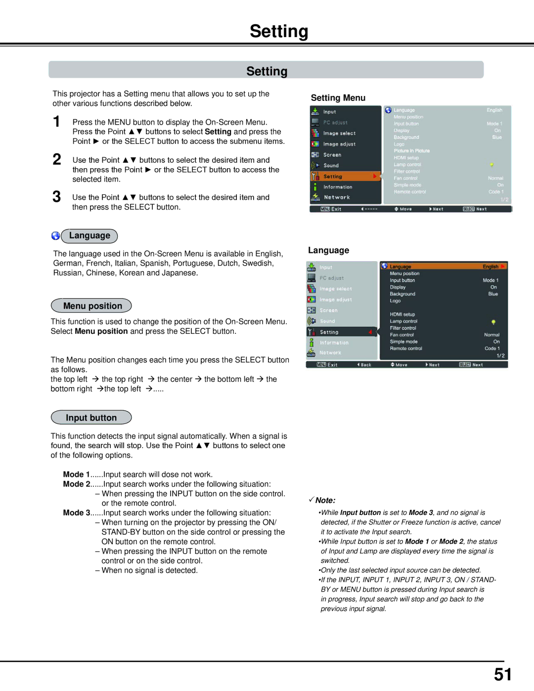 Sanyo PLC-WM5500, WM5500L owner manual Menu position, Setting Menu Language Input button 