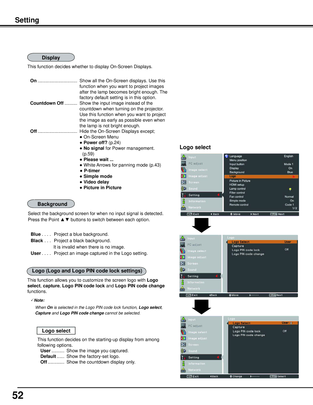 Sanyo WM5500L, PLC-WM5500 owner manual Logo select, Display, Background, Logo Logo and Logo PIN code lock settings 