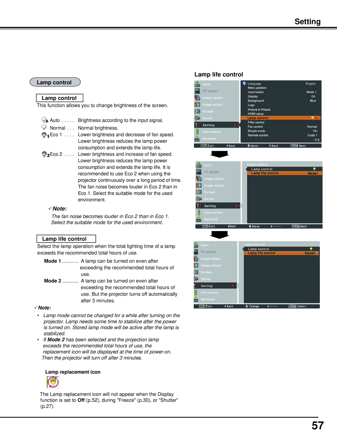 Sanyo PLC-WM5500, WM5500L owner manual Lamp life control, Lamp control, Lamp replacement icon 