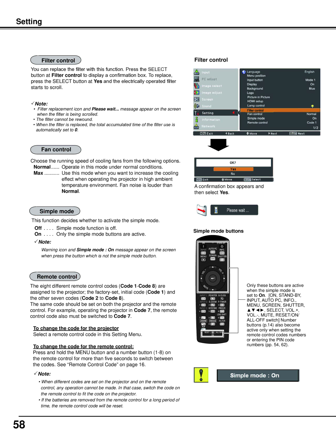 Sanyo WM5500L, PLC-WM5500 owner manual Filter control, Fan control, Simple mode, Remote control 