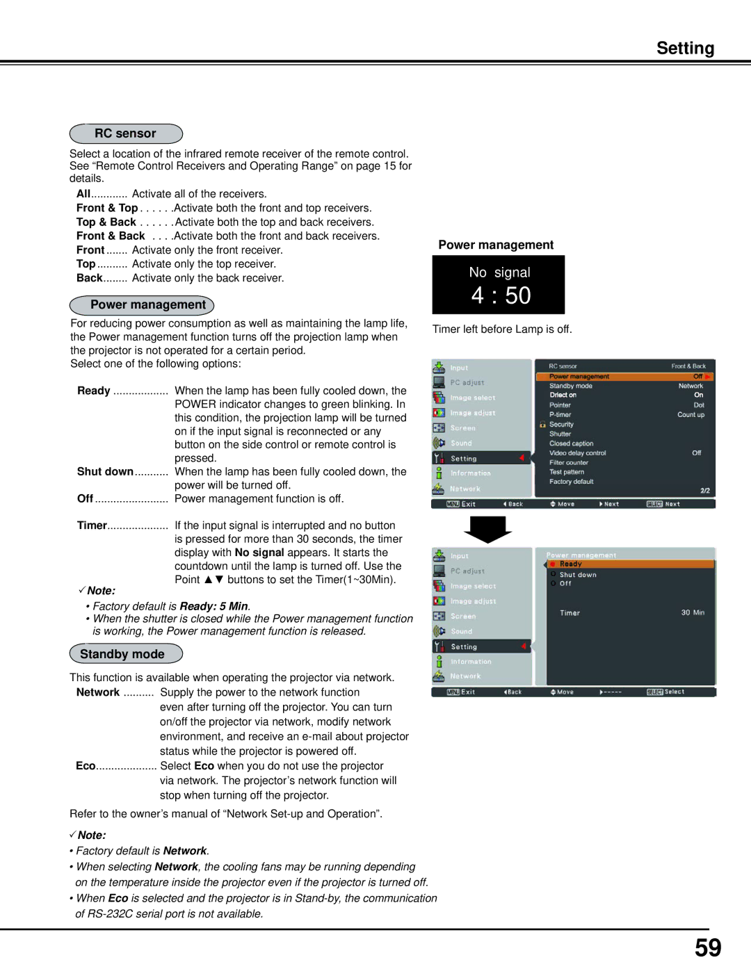 Sanyo PLC-WM5500, WM5500L owner manual RC sensor, Power management, Standby mode 