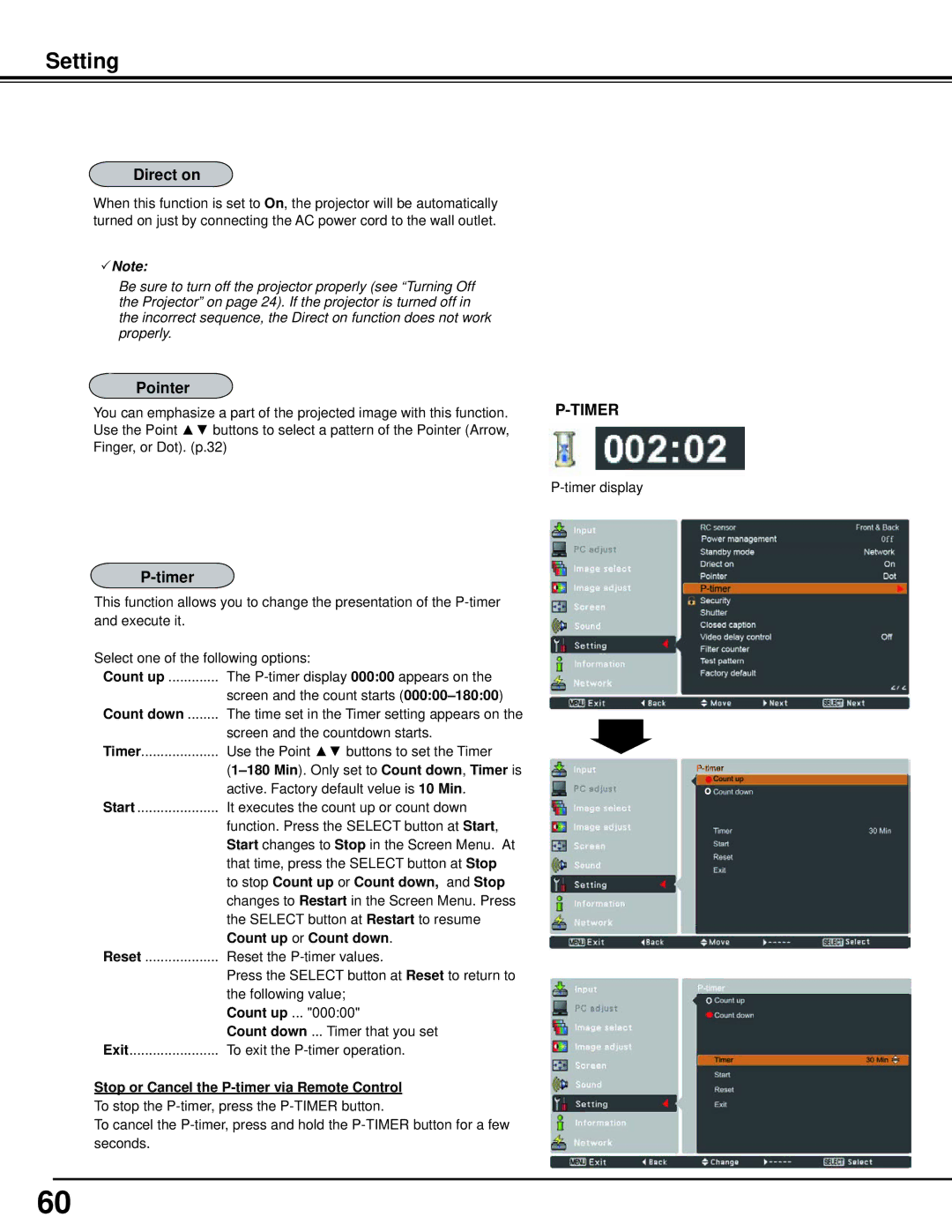 Sanyo WM5500L, PLC-WM5500 owner manual Direct on, Pointer, Timer 