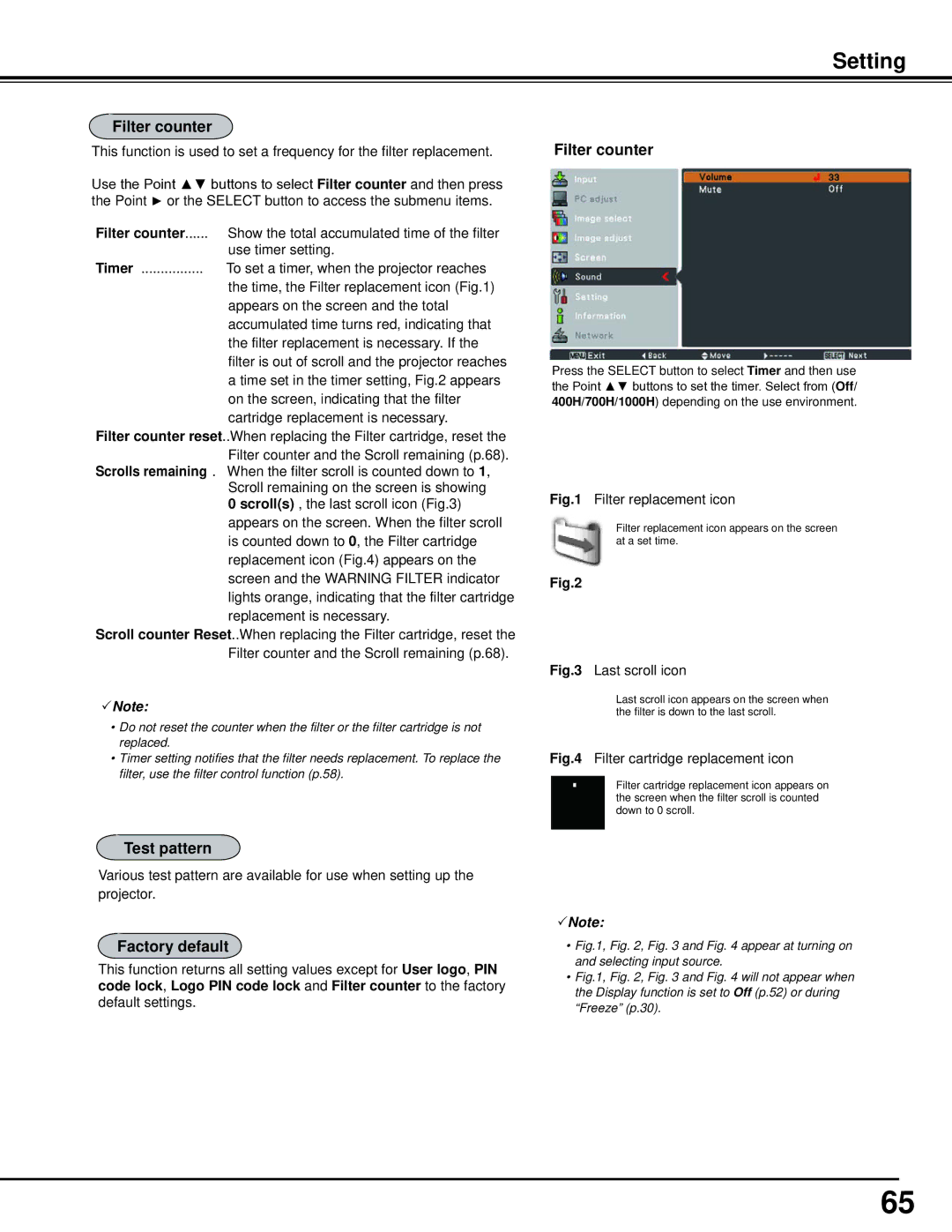 Sanyo PLC-WM5500, WM5500L owner manual Filter counter, Test pattern, Factory default 