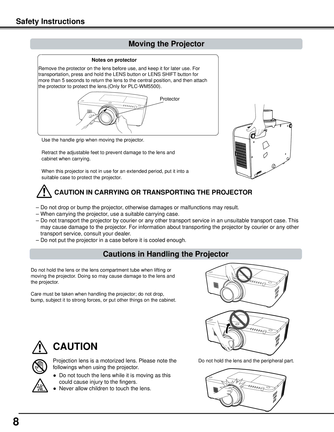 Sanyo WM5500L, PLC-WM5500 owner manual Safety Instructions Moving the Projector 