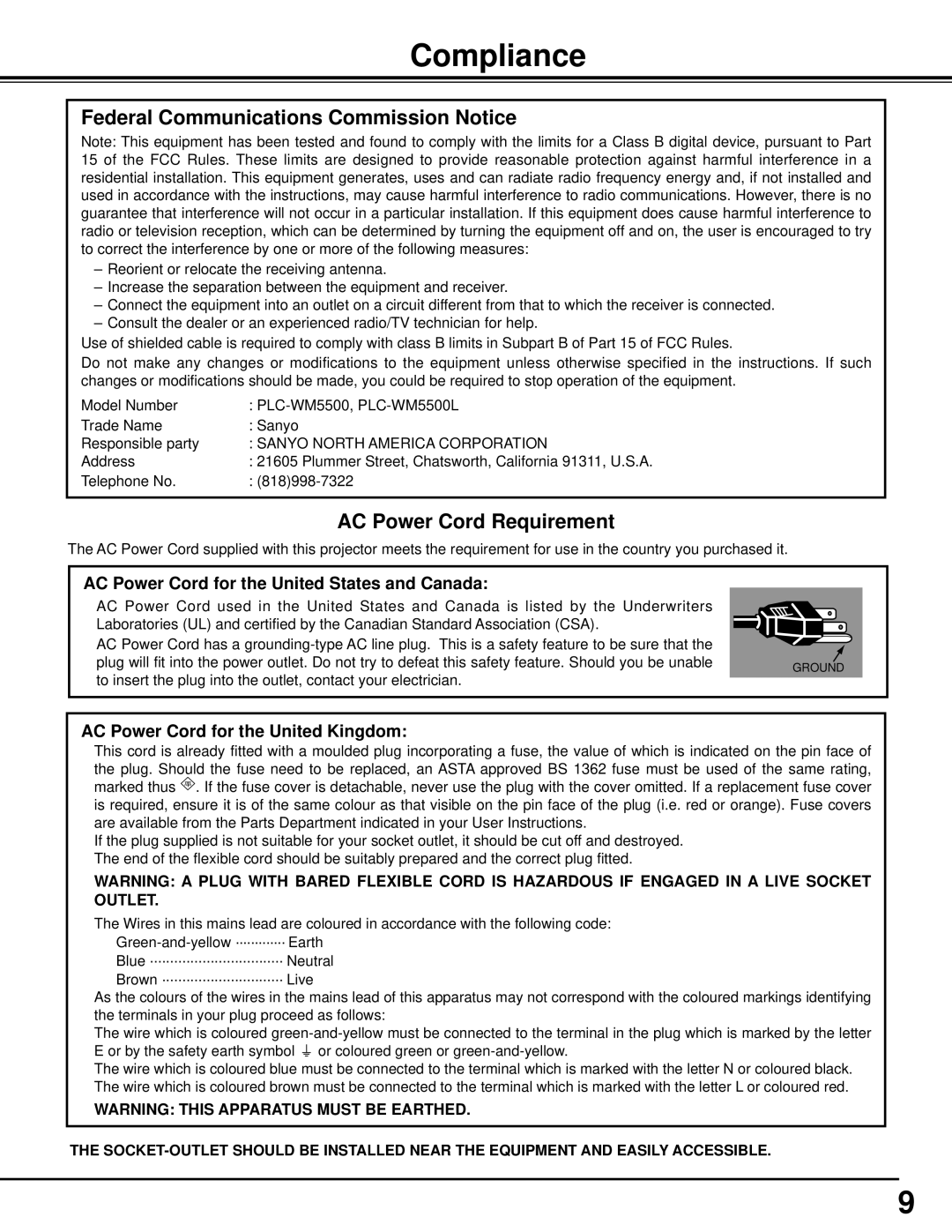 Sanyo PLC-WM5500, WM5500L Compliance, AC Power Cord for the United States and Canada, AC Power Cord for the United Kingdom 