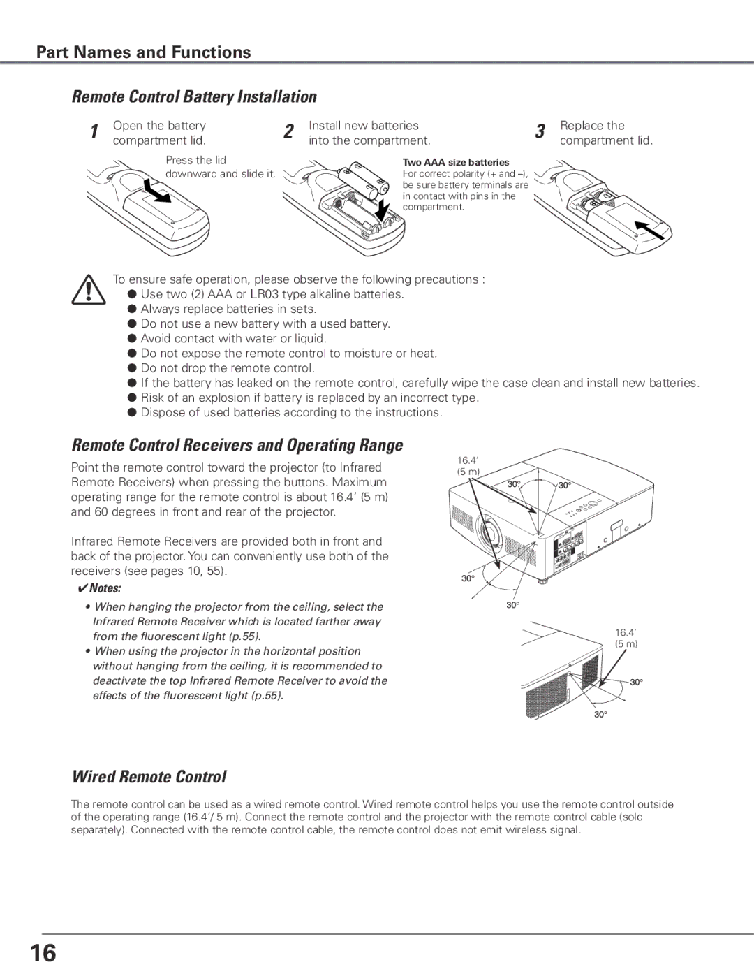 Sanyo WTC500AL owner manual Remote Control Battery Installation, Wired Remote Control 