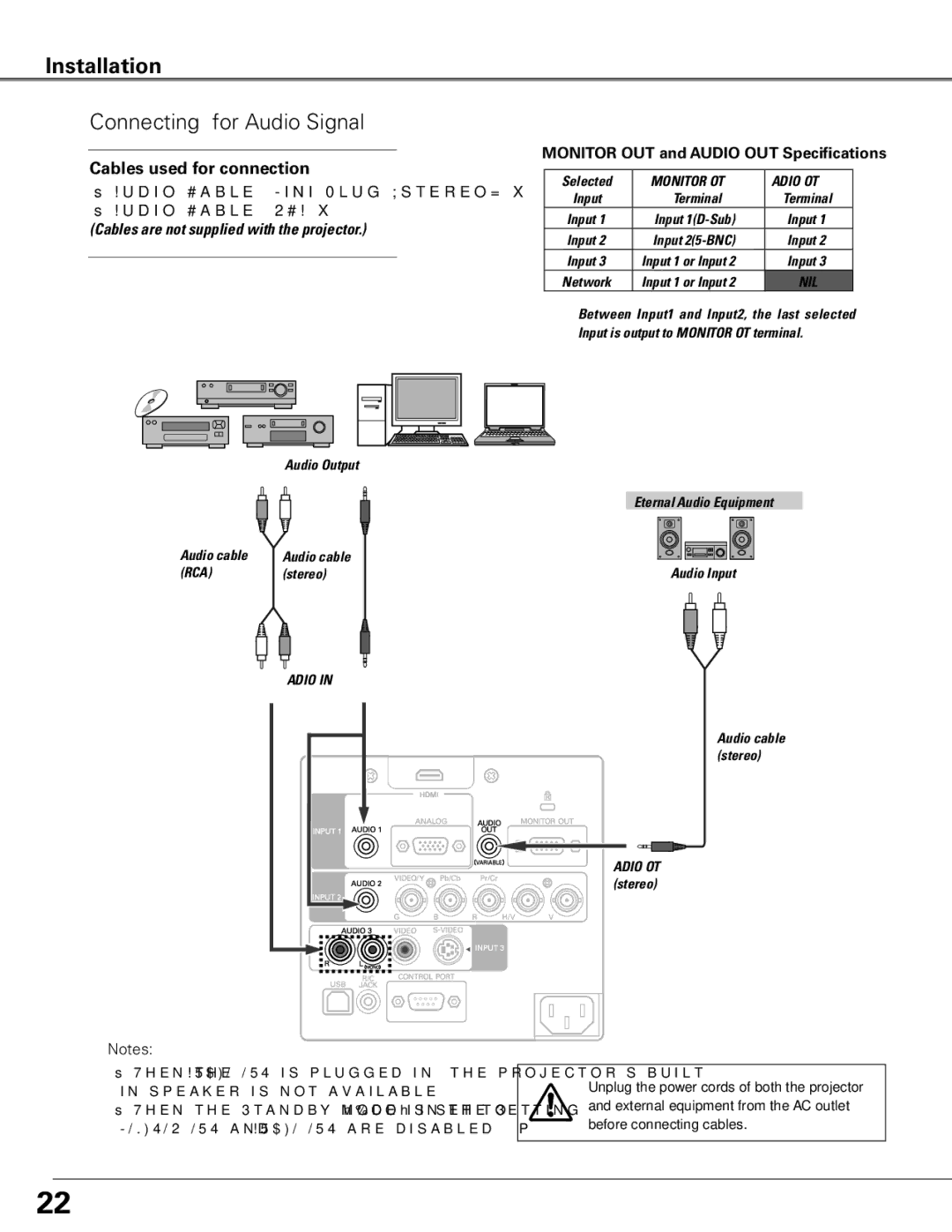 Sanyo WTC500AL owner manual Connecting for Audio Signal, Monitor OUT and Audio OUT Specifications 