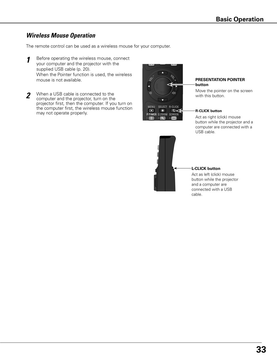 Sanyo WTC500AL owner manual Wireless Mouse Operation, Presentation Pointer button 