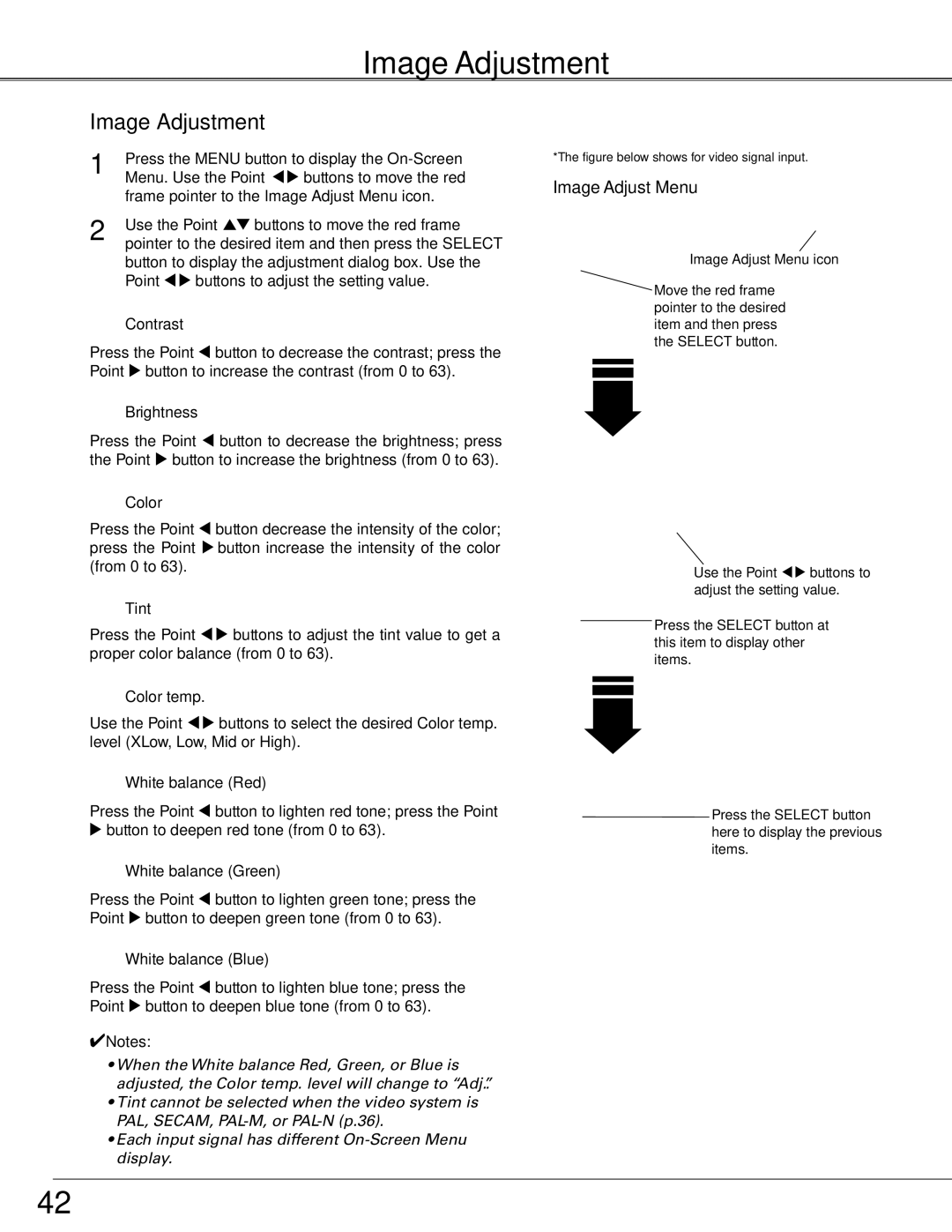 Sanyo WTC500AL owner manual Image Adjustment, Image Adjust Menu 