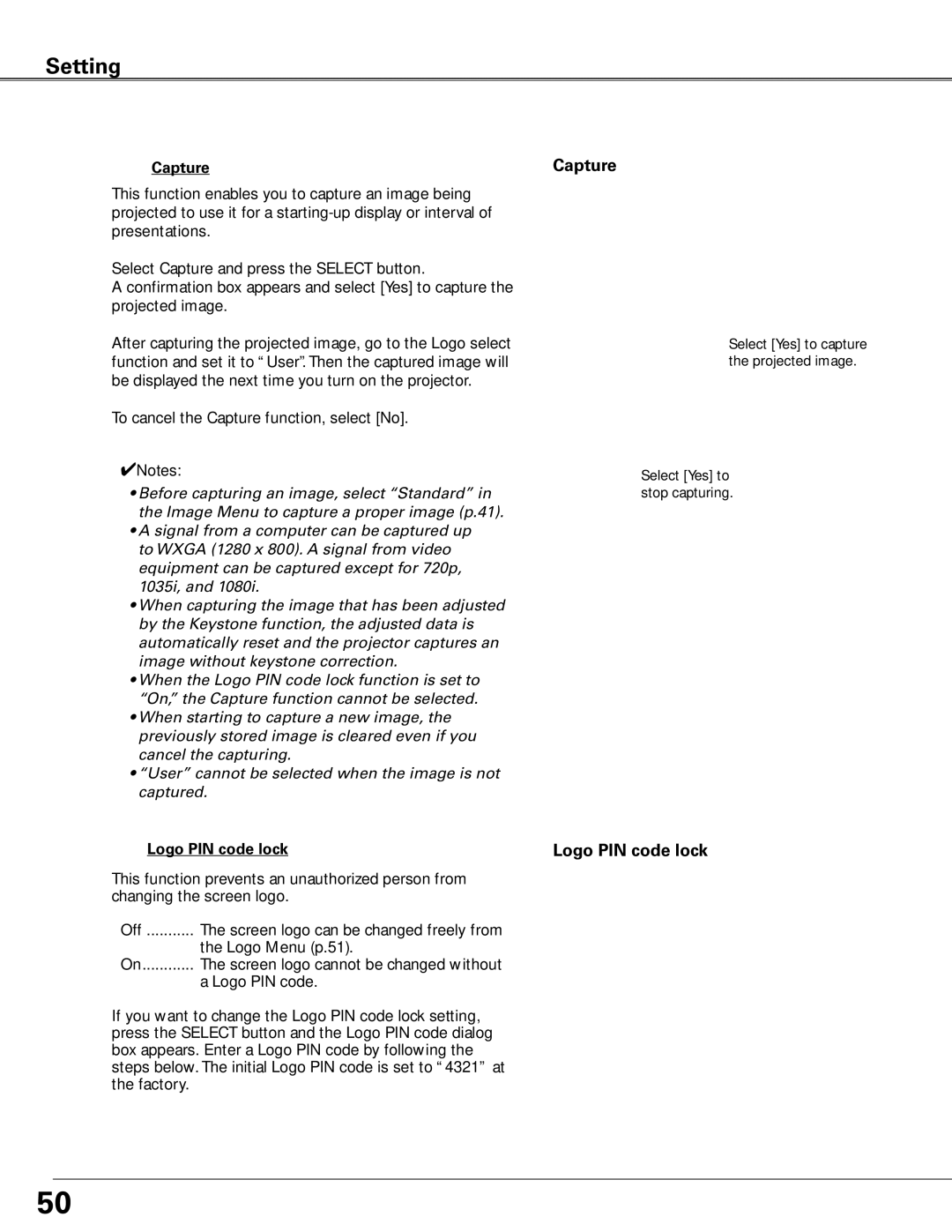 Sanyo WTC500AL owner manual Capture, Logo PIN code lock 