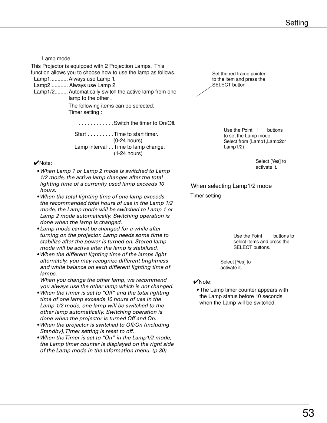 Sanyo WTC500AL owner manual When selecting Lamp1/2 mode, Lamp mode, Timer setting 