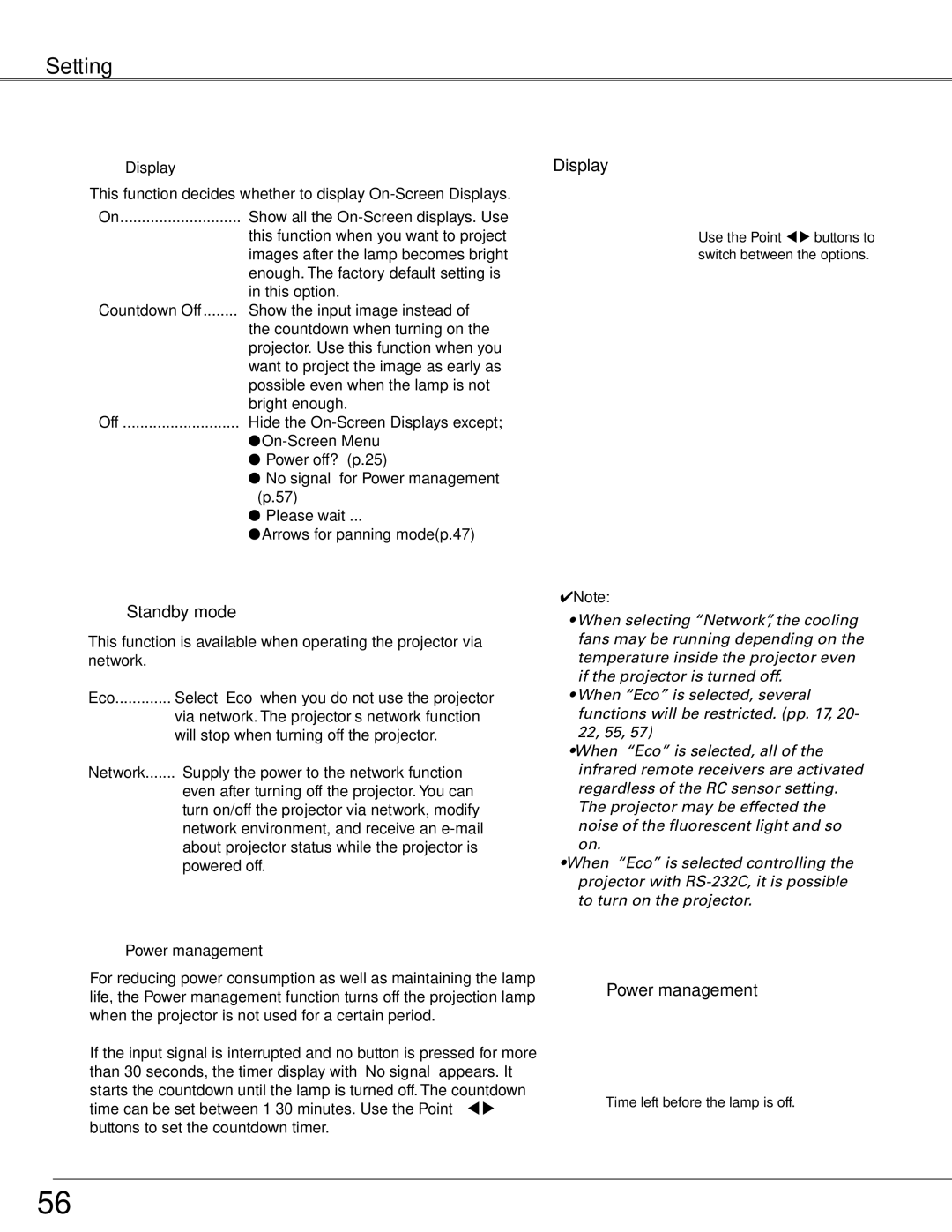 Sanyo WTC500AL owner manual Standby mode, Display, Power management 