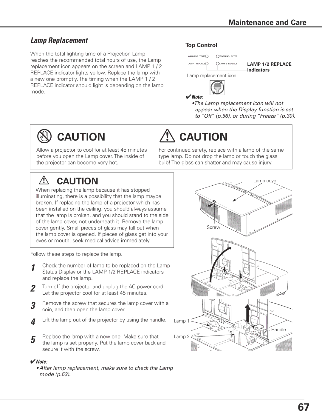 Sanyo WTC500AL owner manual Lamp Replacement, Top Control 