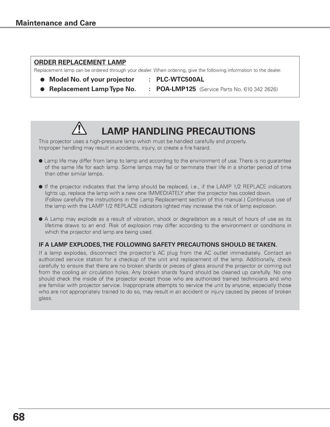 Sanyo WTC500AL owner manual Model No.. of your projector, Replacement Lamp Type No, POA-LMP125 Service Parts No 342 