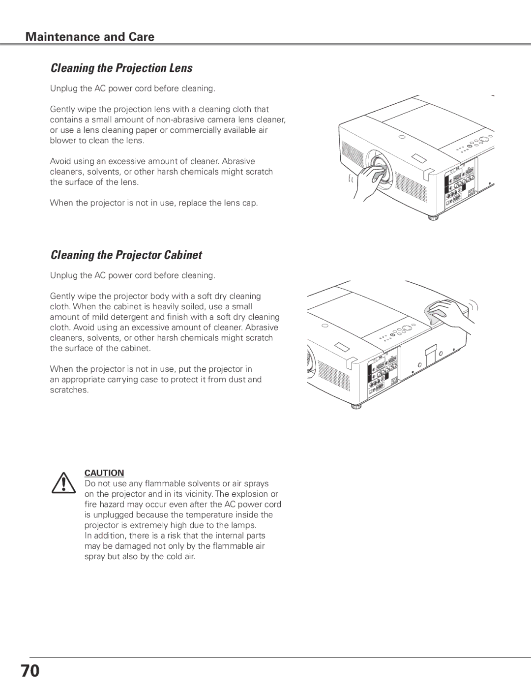 Sanyo WTC500AL owner manual Cleaning the Projection Lens, Cleaning the Projector Cabinet 