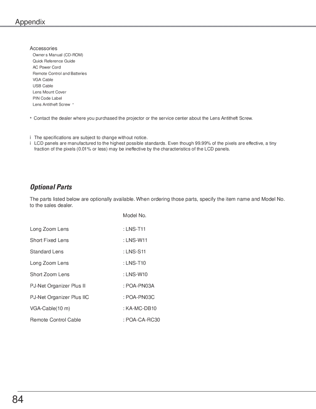 Sanyo WTC500AL owner manual Optional Parts 