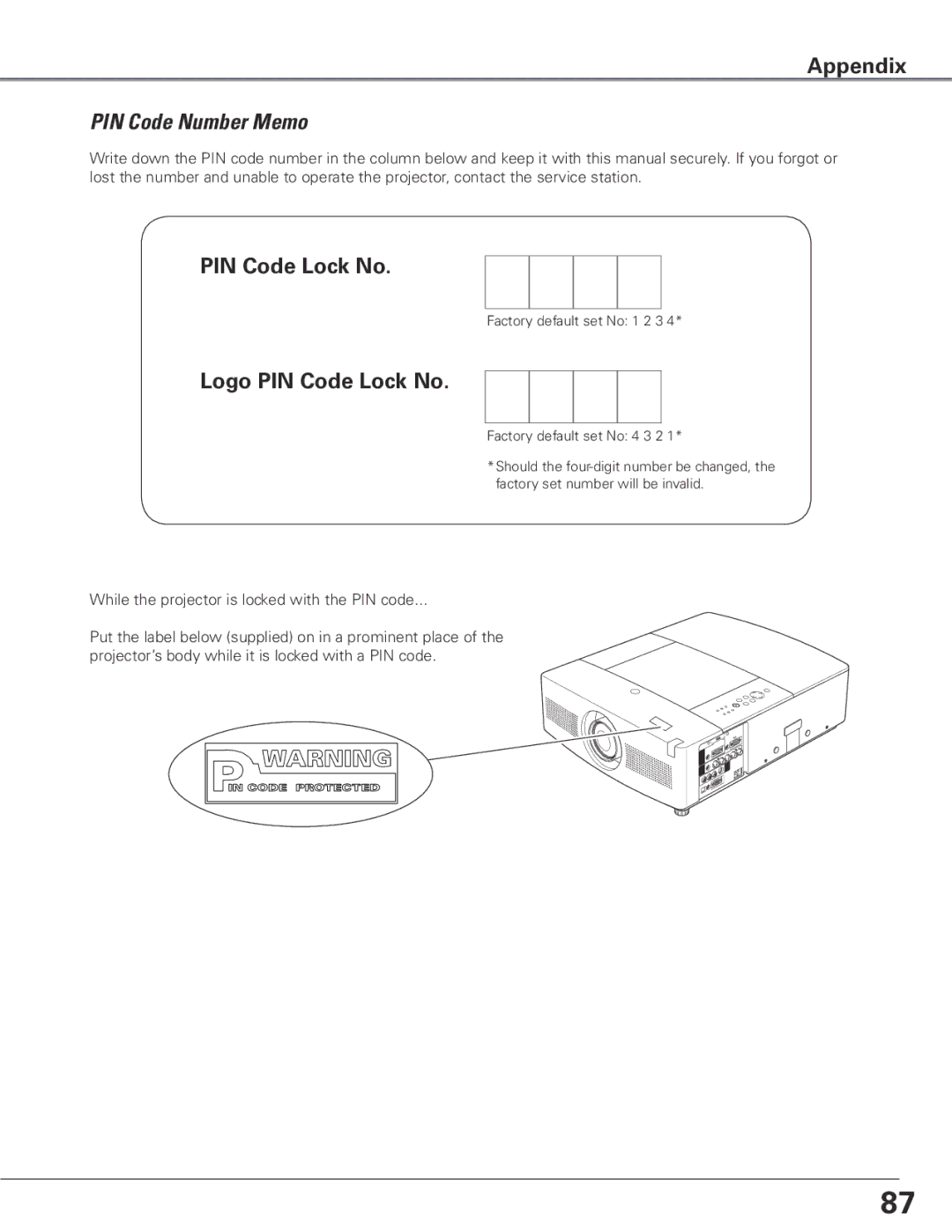 Sanyo WTC500AL owner manual PIN Code Number Memo, Logo PIN Code Lock No 