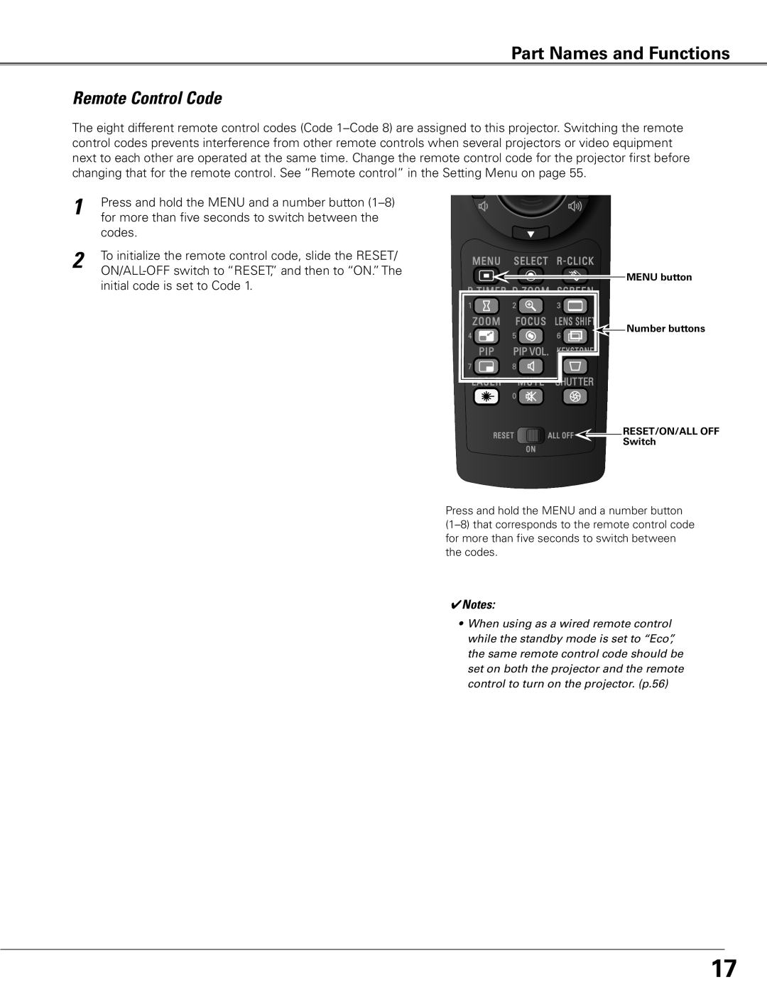 Sanyo WTC500L owner manual Remote Control Code, Part Names and Functions, Notes 