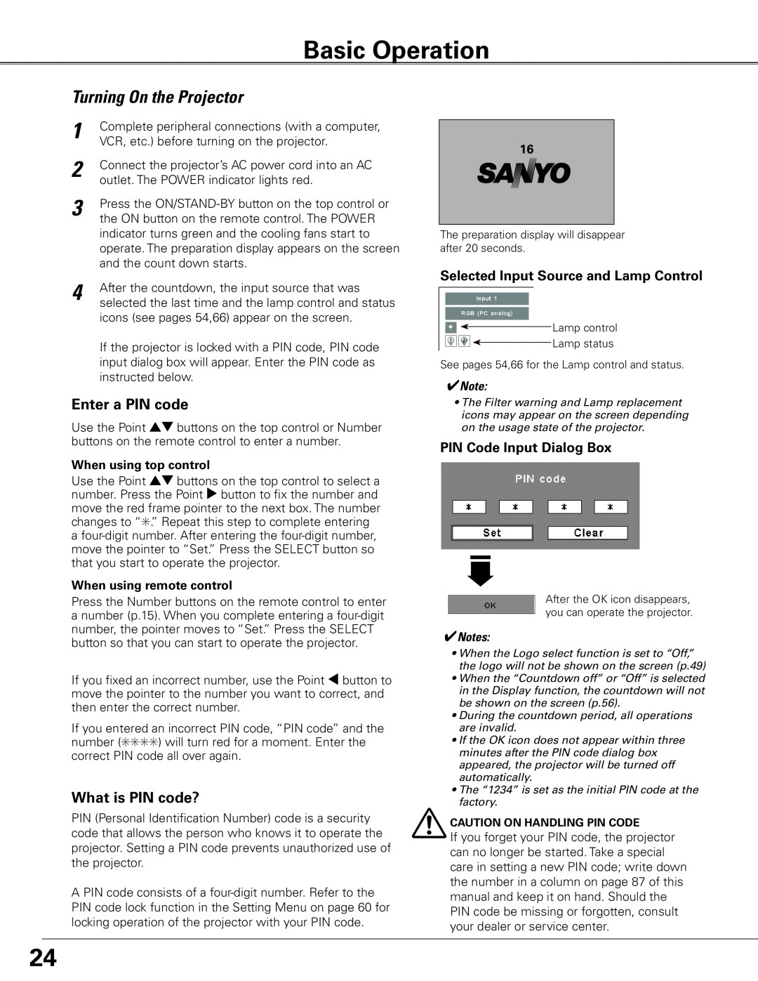 Sanyo WTC500L owner manual Basic Operation, Turning On the Projector, Notes 