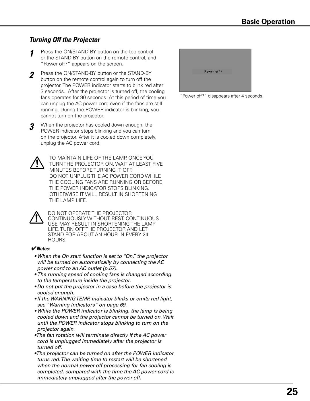 Sanyo WTC500L owner manual Basic Operation, Turning Off the Projector, Notes 