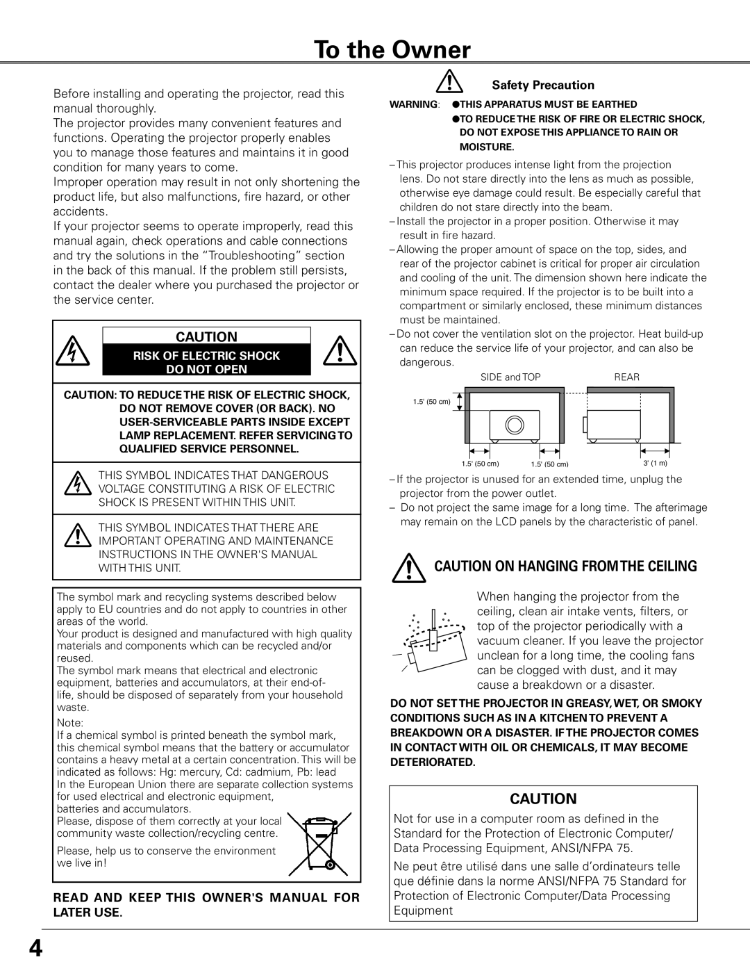 Sanyo WTC500L owner manual To the Owner, Caution On Hanging From The Ceiling, Risk Of Electric Shock Do Not Open 