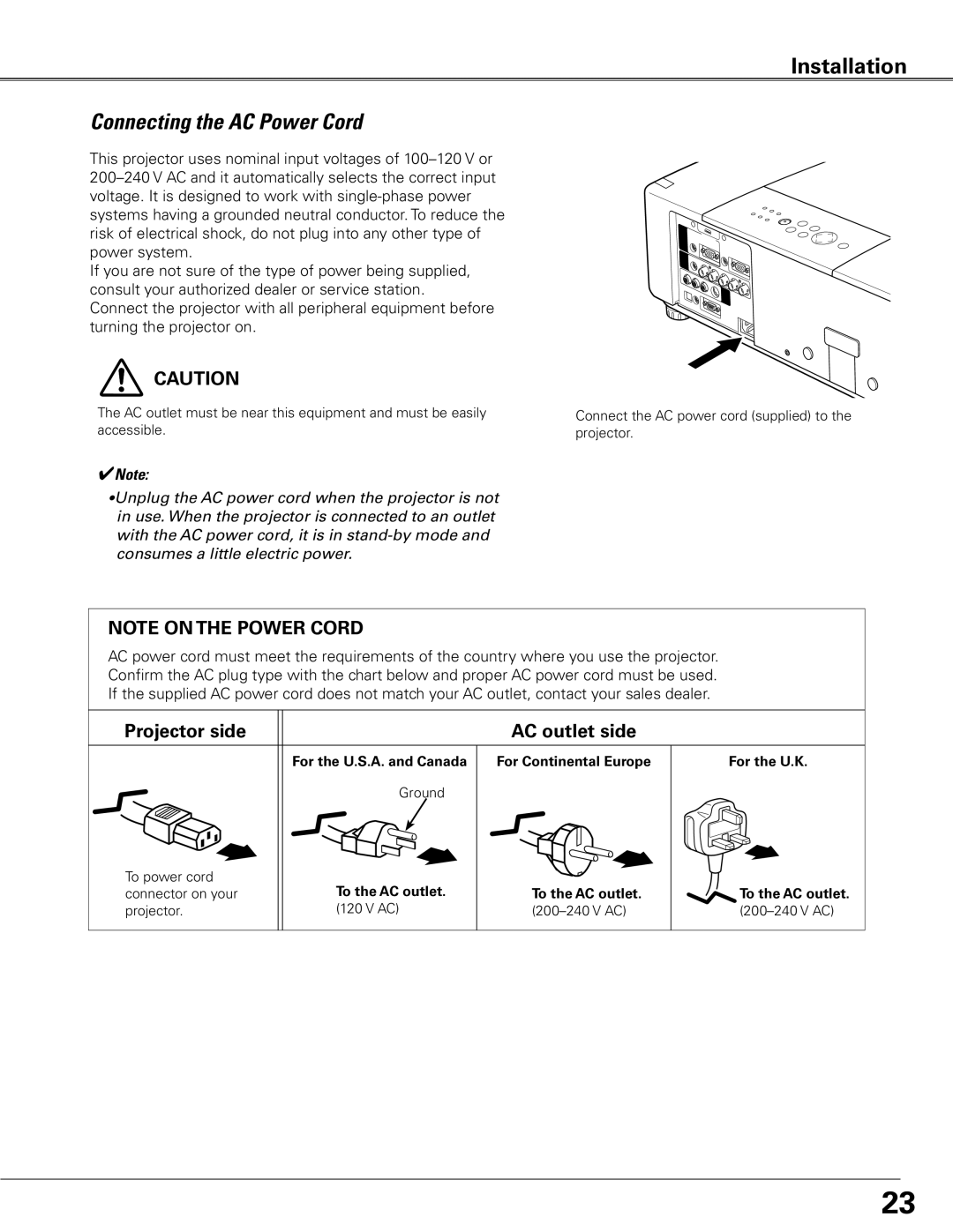 Sanyo WTC500L owner manual Connecting the AC Power Cord, Projector side AC outlet side 