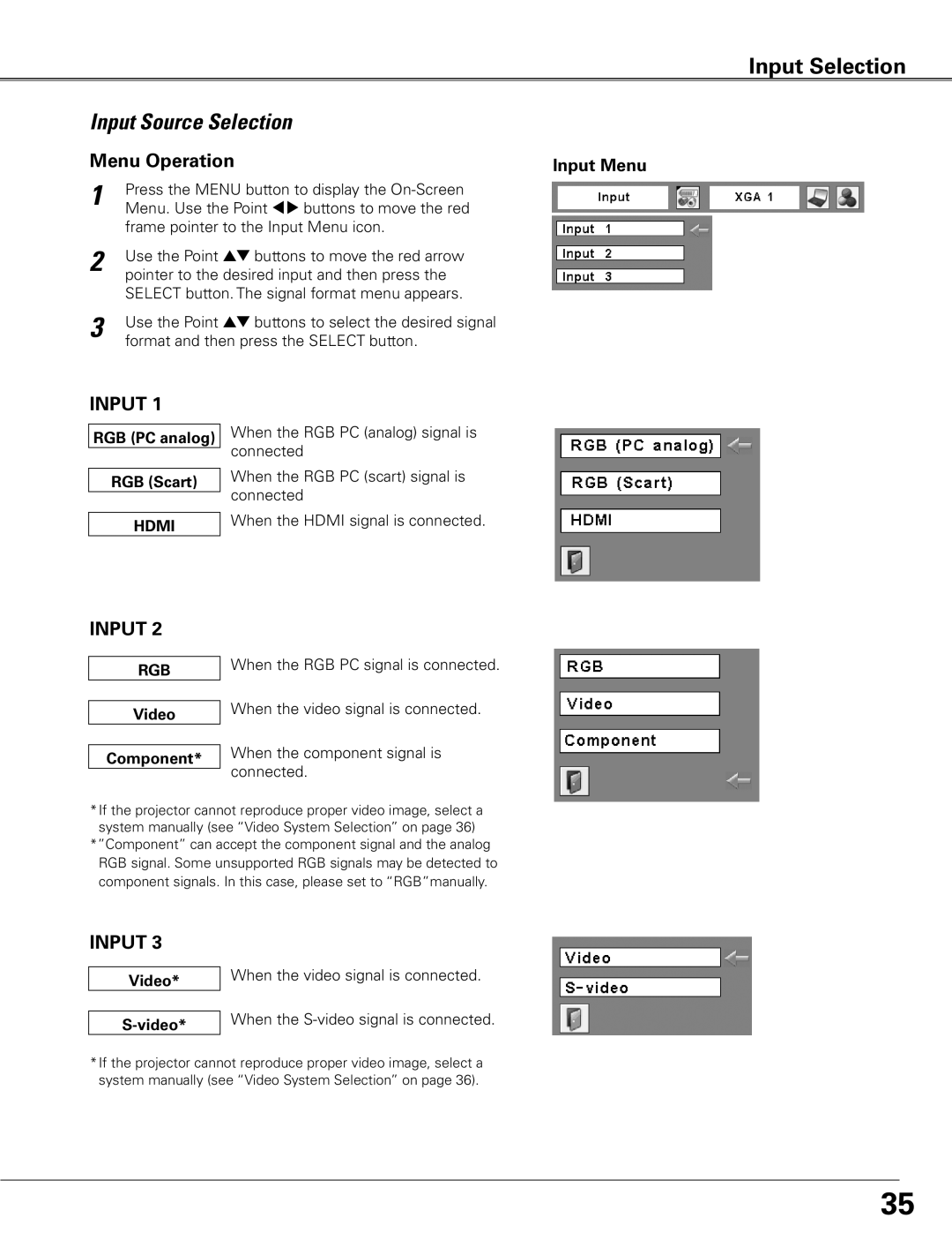 Sanyo WTC500L owner manual Input Source Selection, Input Menu, RGB PC analog RGB Scart, Video Component 