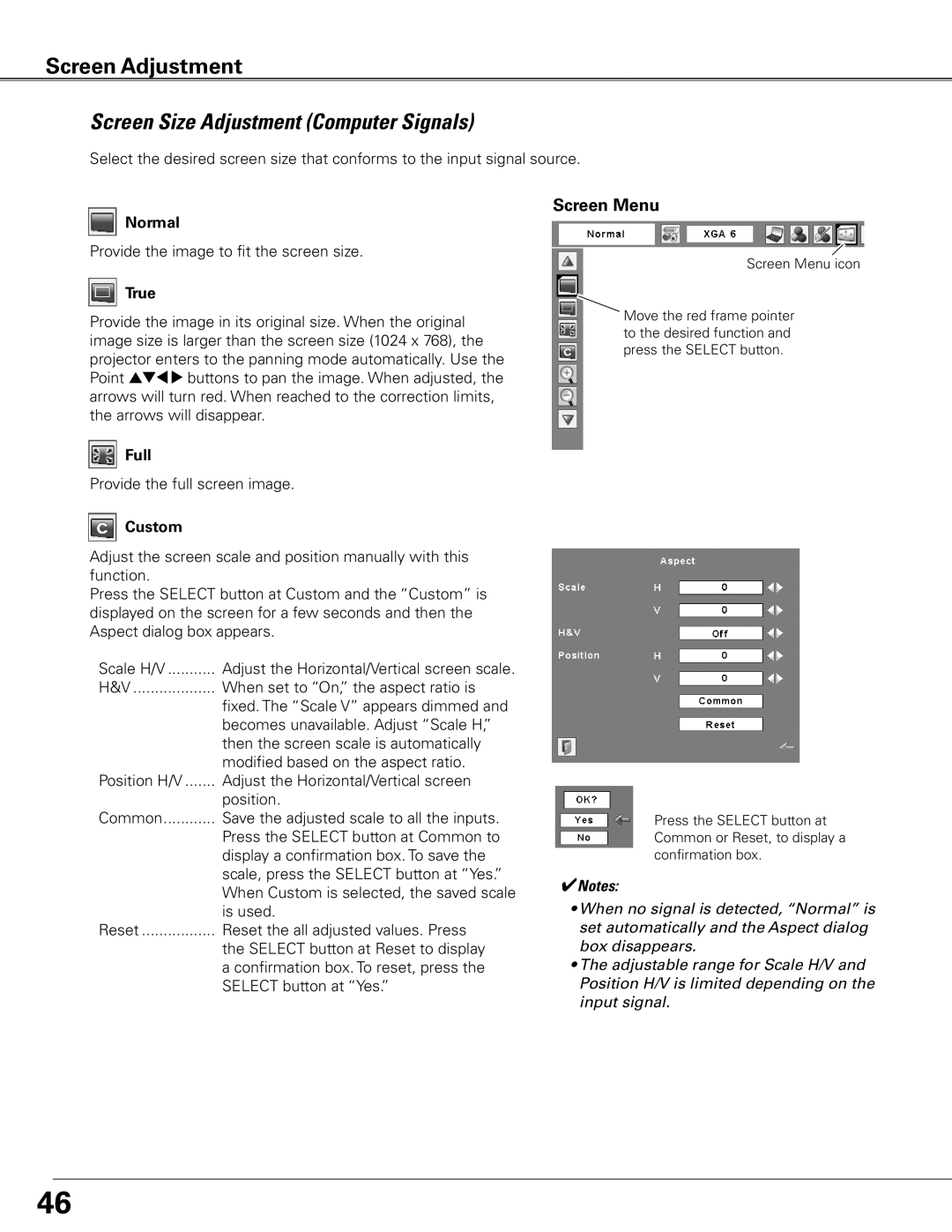 Sanyo WTC500L owner manual Screen Size Adjustment Computer Signals, Normal, True, Full, Custom 