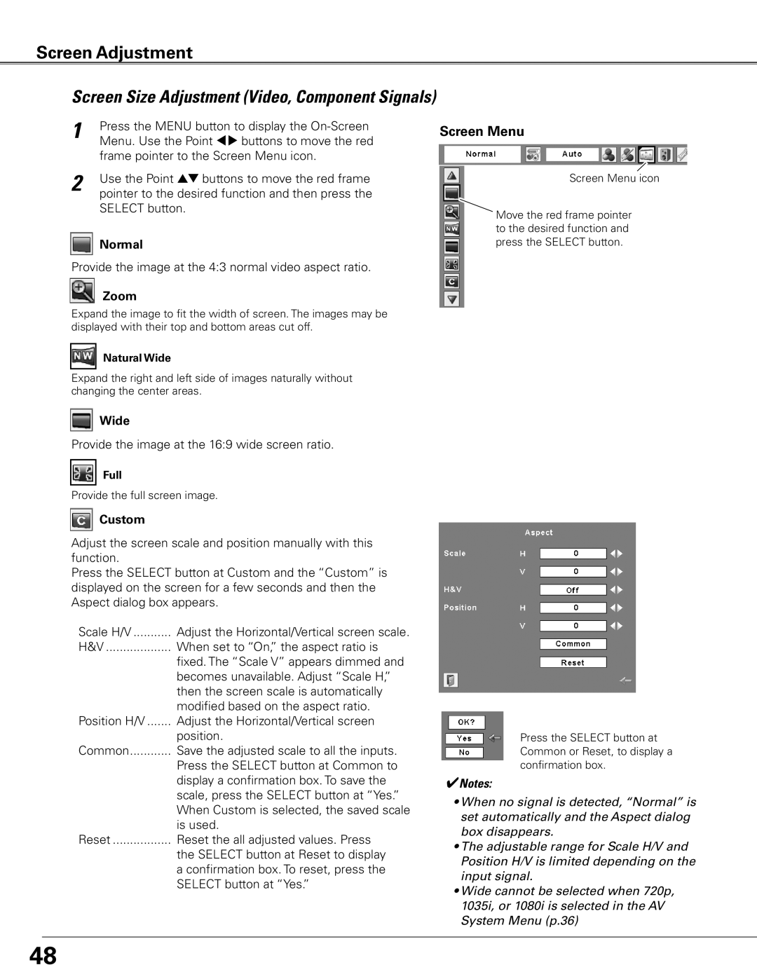 Sanyo WTC500L owner manual Screen Size Adjustment Video, Component Signals, Zoom, Wide 