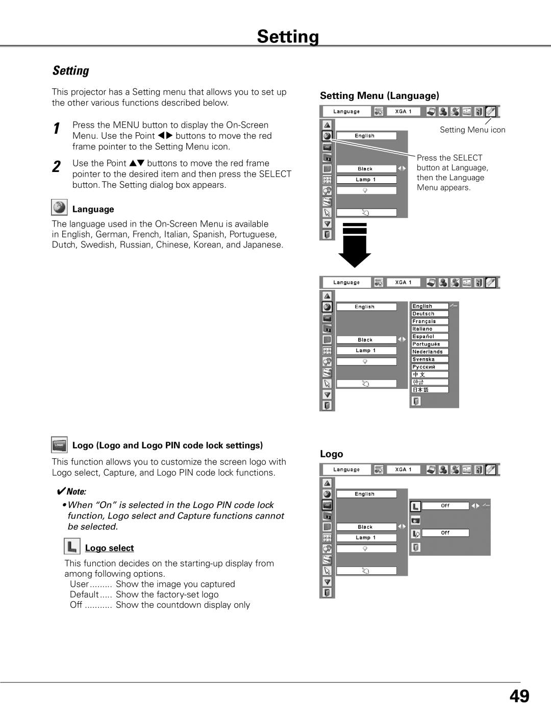 Sanyo WTC500L owner manual Setting Menu Language, Logo 