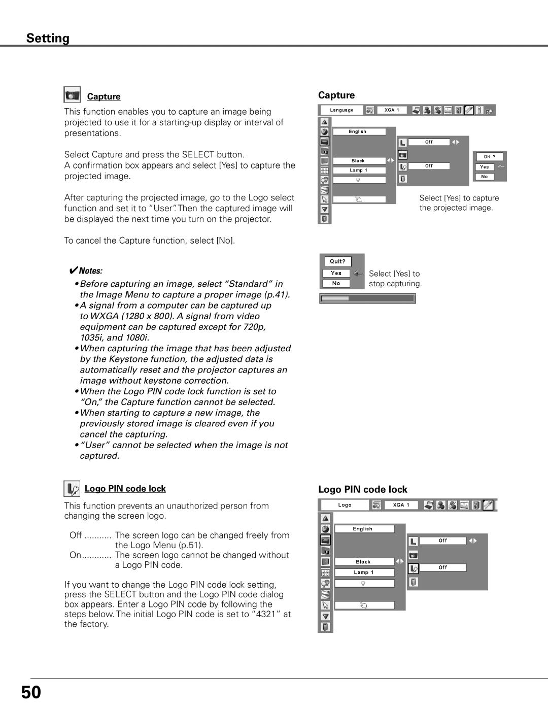 Sanyo WTC500L owner manual Capture, Logo PIN code lock 