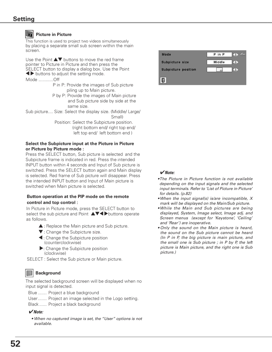 Sanyo WTC500L owner manual Picture in Picture, Background 