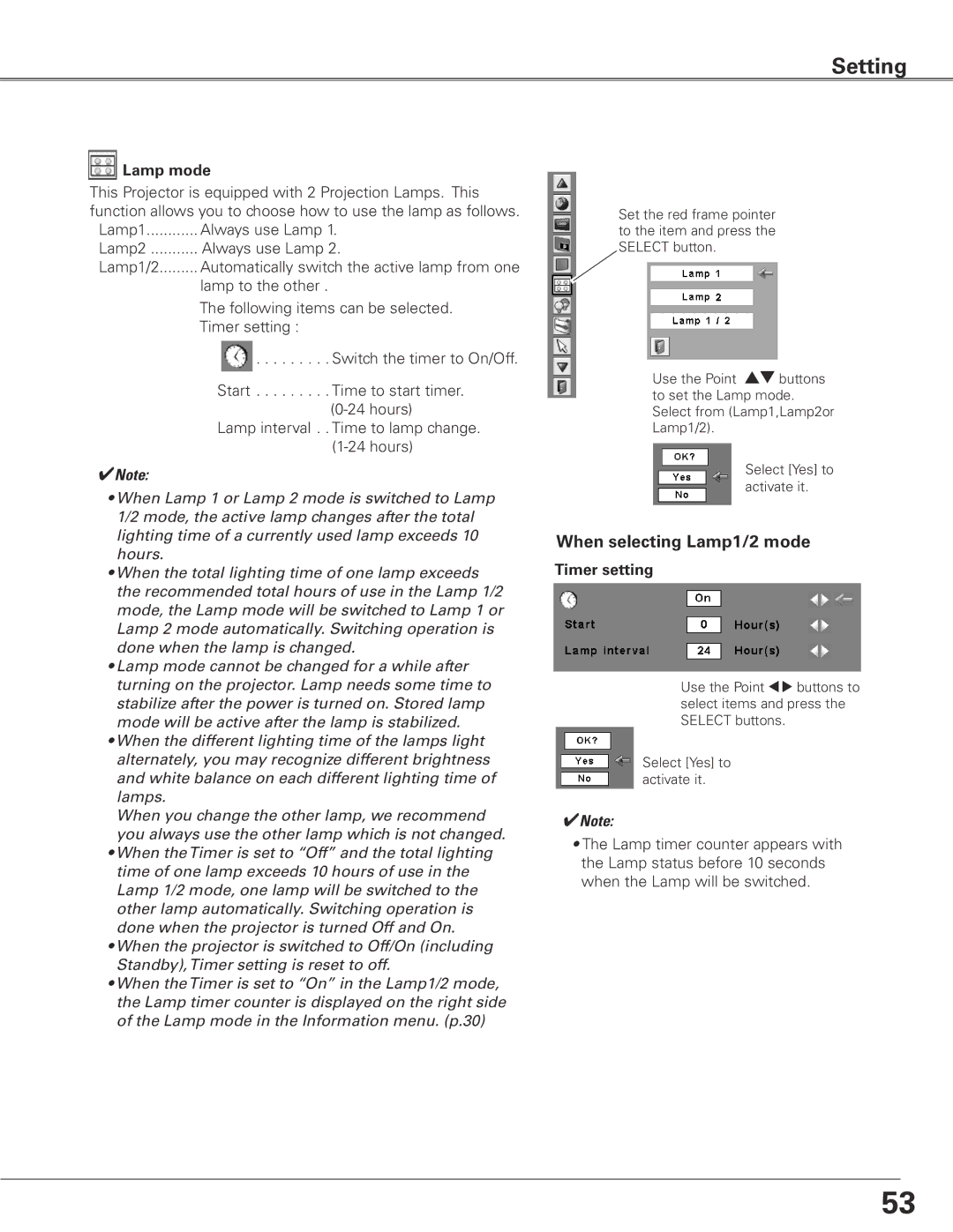 Sanyo WTC500L owner manual When selecting Lamp1/2 mode, Lamp mode, Timer setting 