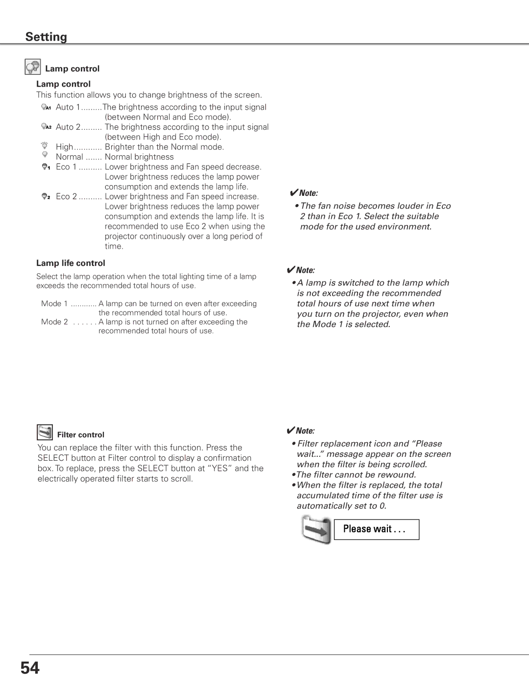 Sanyo WTC500L owner manual Lamp control, Lamp life control 