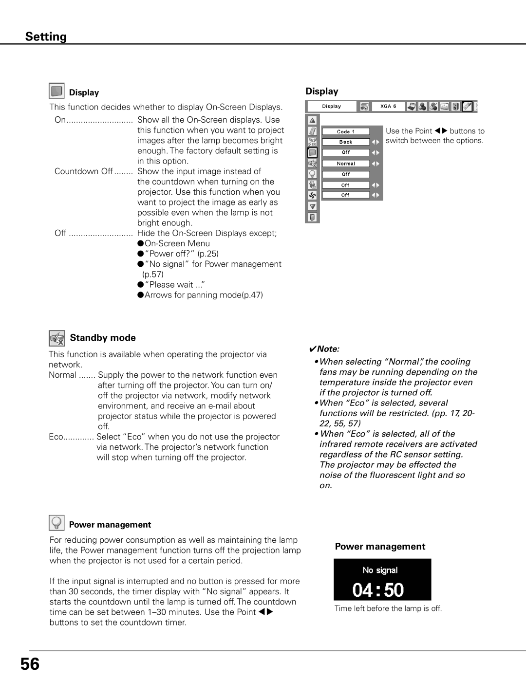 Sanyo WTC500L owner manual Display, Standby mode, Power management 