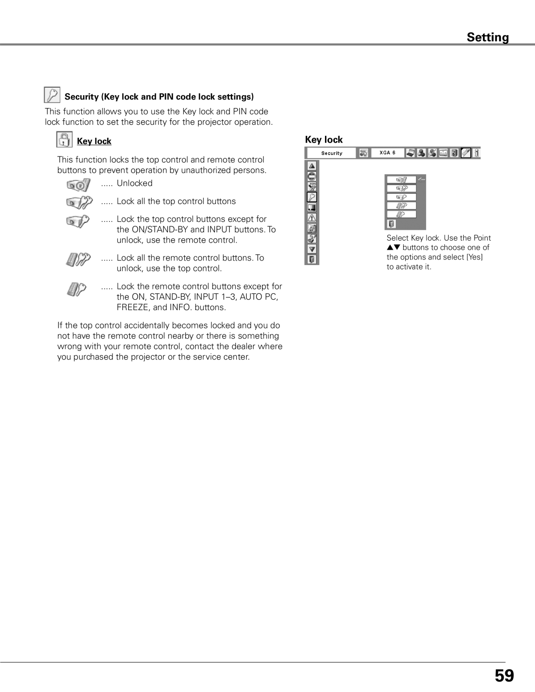 Sanyo WTC500L owner manual Security Key lock and PIN code lock settings 