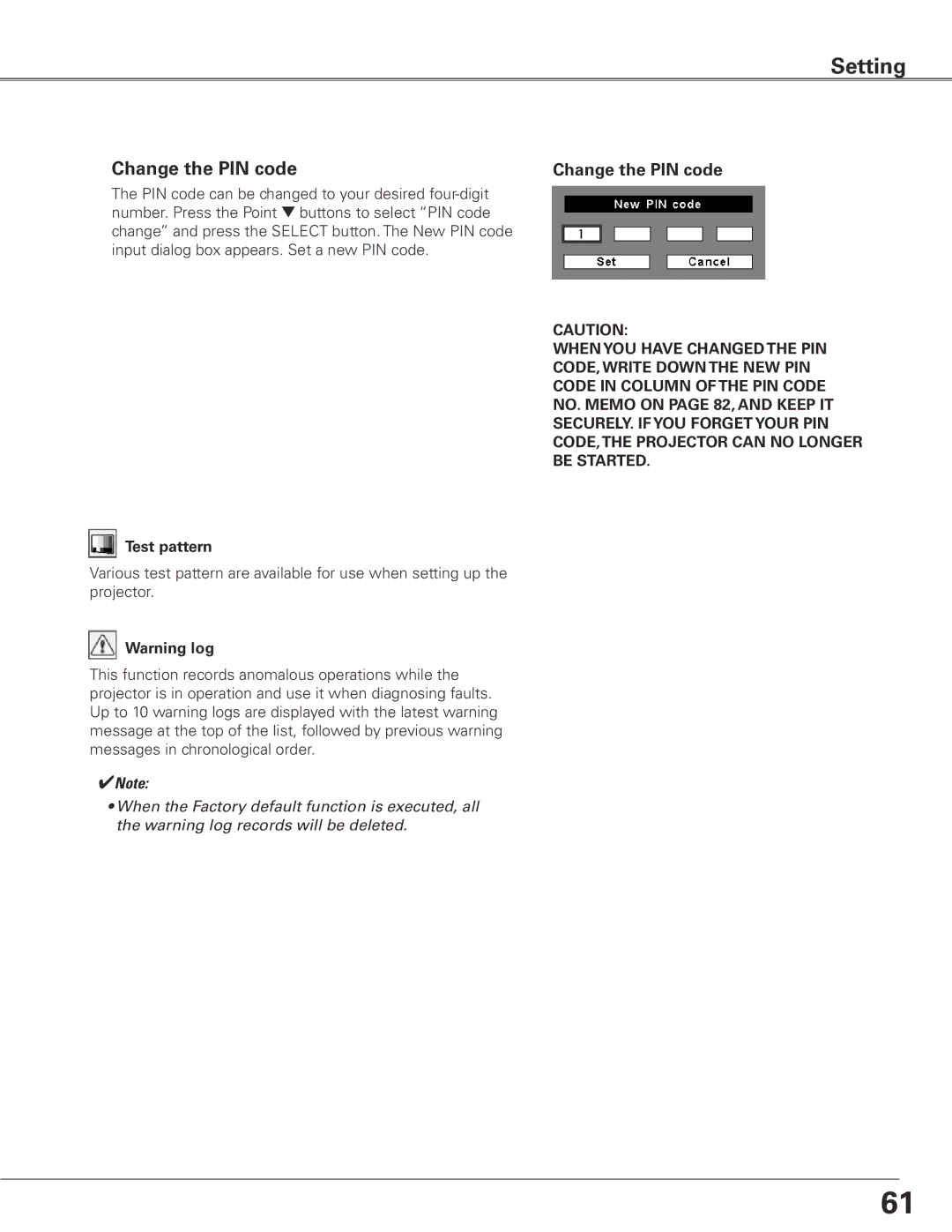 Sanyo WTC500L owner manual Change the PIN code, Test pattern 