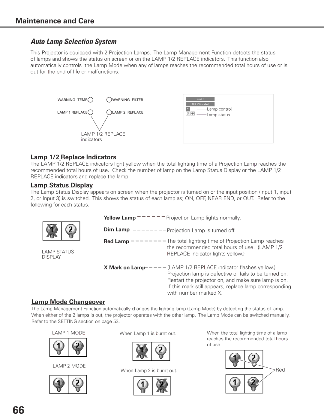 Sanyo WTC500L Auto Lamp Selection System, Lamp 1/2 Replace Indicators, Lamp Status Display, Lamp Mode Changeover 